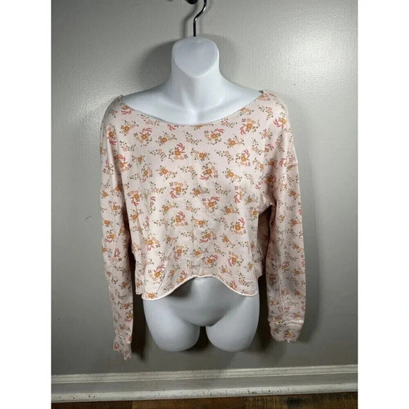 Aerie Cropped Sweatshirt Pink Oversized Relaxed Fit M Long Sleeve Boat Neck Top - Picture 1 of 7